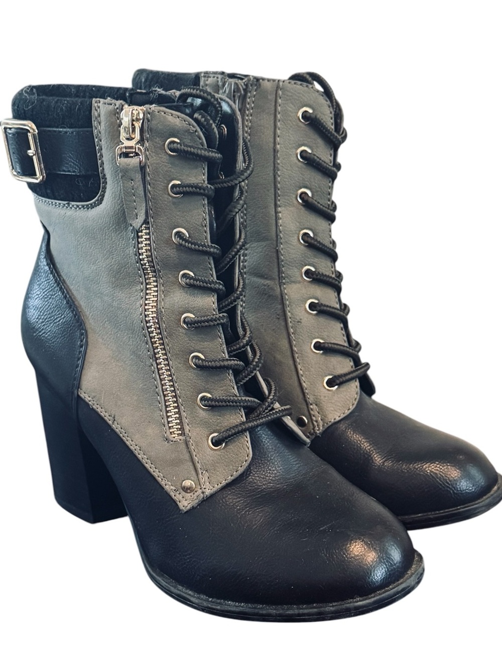 Apt. 9 Dynamic Comfort Two Tone Lace Up Block Heel Boots Olive Green Black 7